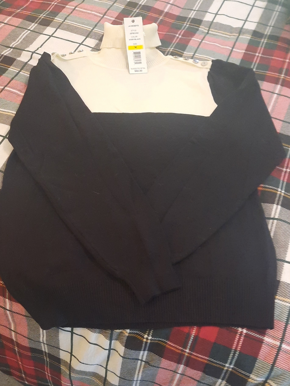 Joseph A Black & Cream Colorblock Turtleneck Sweater with Shoulder Buttons